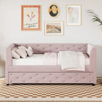 Lit de repos double en velours capitonné avec lit gigogne, rose / vert, pour 2 personnes