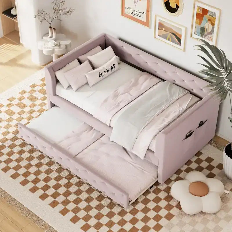 Lit de repos double en velours capitonné avec lit gigogne, rose / vert, pour 2 personnes