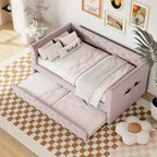 Lit de repos double en velours capitonné avec lit gigogne, rose / vert, pour 2 personnes