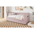 Lit de repos double en velours capitonné avec lit gigogne, rose / vert, pour 2 personnes
