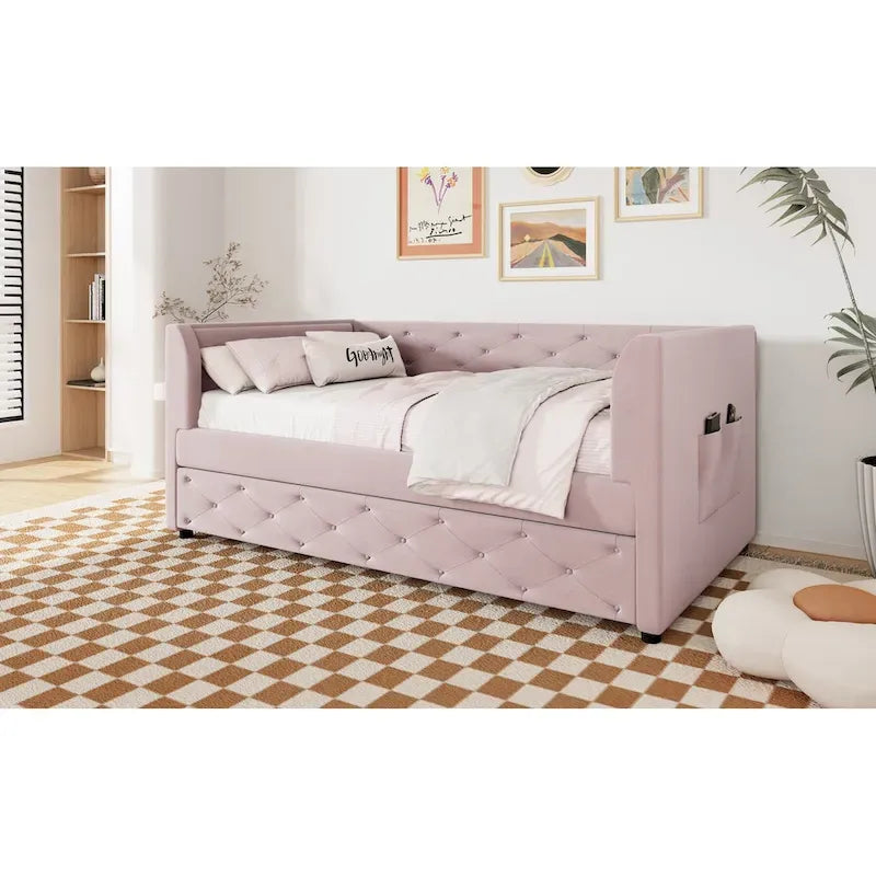 Lit de repos double en velours capitonné avec lit gigogne, rose / vert, pour 2 personnes