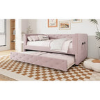 Lit de repos double en velours capitonné avec lit gigogne, rose / vert, pour 2 personnes