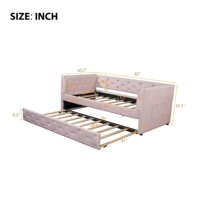 Lit de repos double en velours capitonné avec lit gigogne, rose / vert, pour 2 personnes