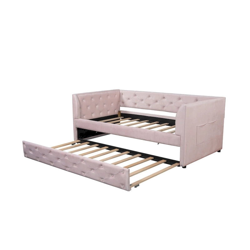 Lit de repos double en velours capitonné avec lit gigogne, rose / vert, pour 2 personnes
