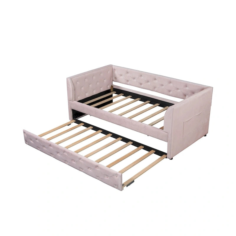 Lit de repos double en velours capitonné avec lit gigogne, rose / vert, pour 2 personnes