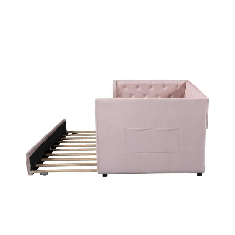Lit de repos double en velours capitonné avec lit gigogne, rose / vert, pour 2 personnes