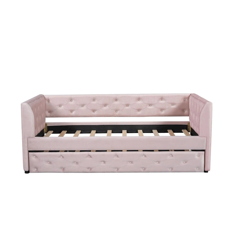 Lit de repos double en velours capitonné avec lit gigogne, rose / vert, pour 2 personnes