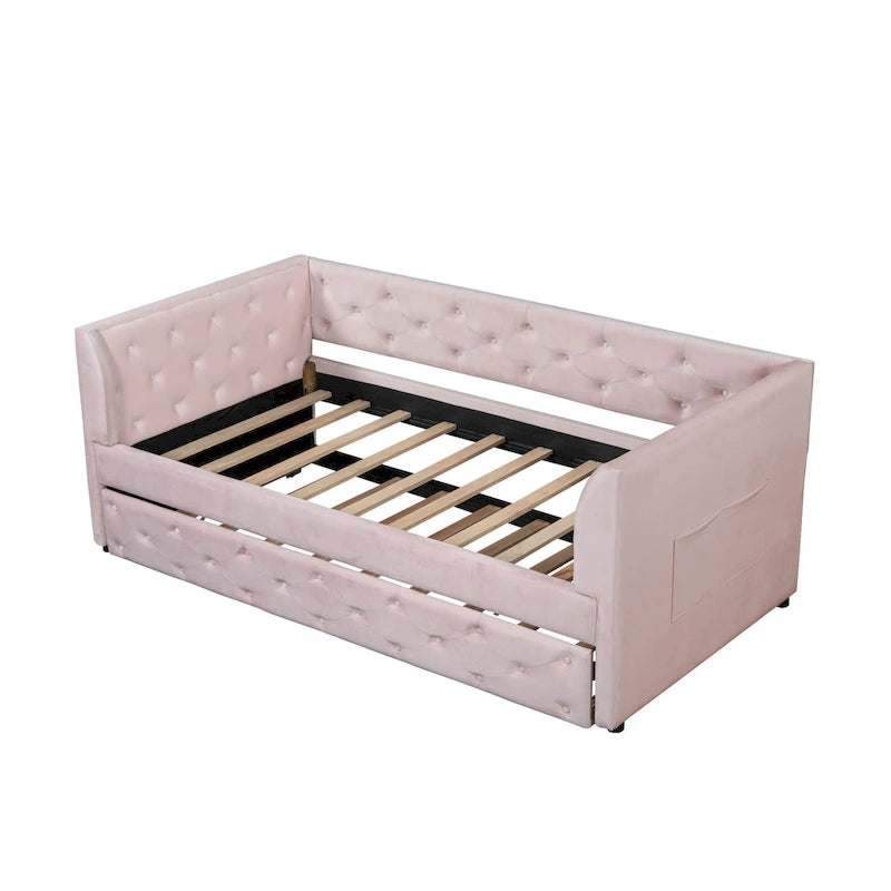 Lit de repos double en velours capitonné avec lit gigogne, rose / vert, pour 2 personnes