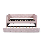 Lit de repos double en velours capitonné avec lit gigogne, rose / vert, pour 2 personnes
