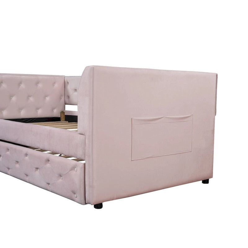 Lit de repos double en velours capitonné avec lit gigogne, rose / vert, pour 2 personnes