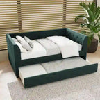 Lit de repos double en velours capitonné avec lit gigogne, rose / vert, pour 2 personnes