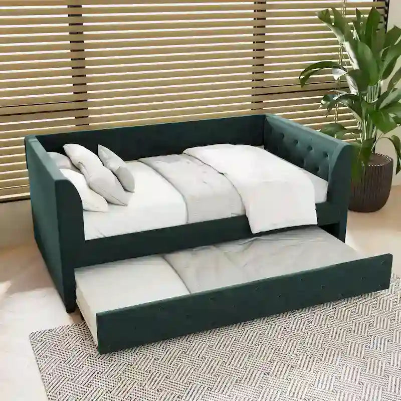 Lit de repos double en velours capitonné avec lit gigogne, rose / vert, pour 2 personnes