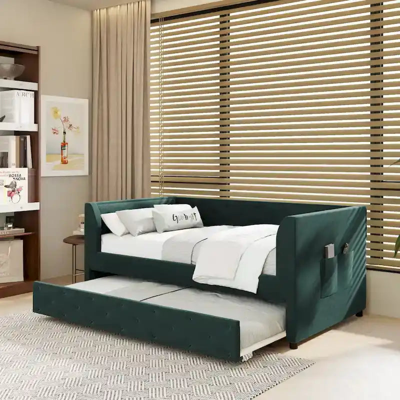 Lit de repos double en velours capitonné avec lit gigogne, rose / vert, pour 2 personnes