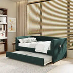 Lit de repos double en velours capitonné avec lit gigogne, rose / vert, pour 2 personnes