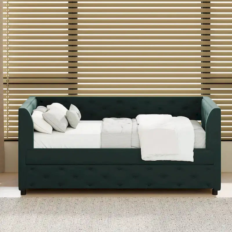 Lit de repos double en velours capitonné avec lit gigogne, rose / vert, pour 2 personnes