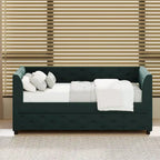 Lit de repos double en velours capitonné avec lit gigogne, rose / vert, pour 2 personnes