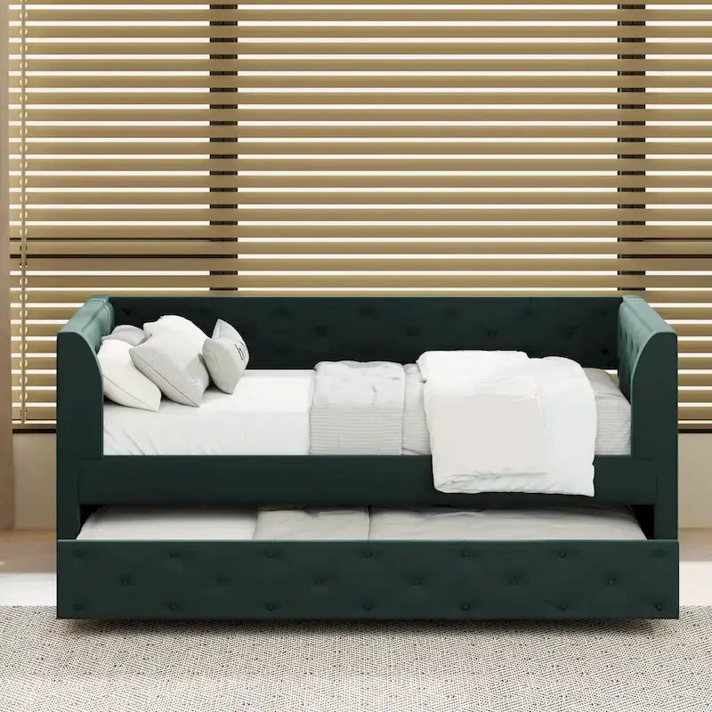 Lit de repos double en velours capitonné avec lit gigogne, rose / vert, pour 2 personnes