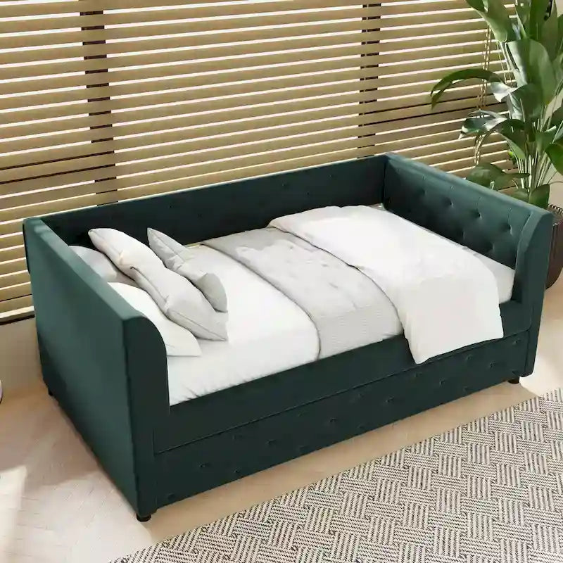 Lit de repos double en velours capitonné avec lit gigogne, rose / vert, pour 2 personnes