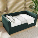 Lit de repos double en velours capitonné avec lit gigogne, rose / vert, pour 2 personnes