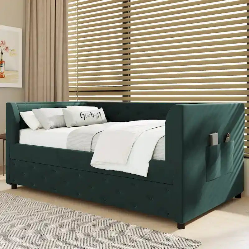 Lit de repos double en velours capitonné avec lit gigogne, rose / vert, pour 2 personnes
