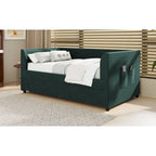 Lit de repos double en velours capitonné avec lit gigogne, rose / vert, pour 2 personnes