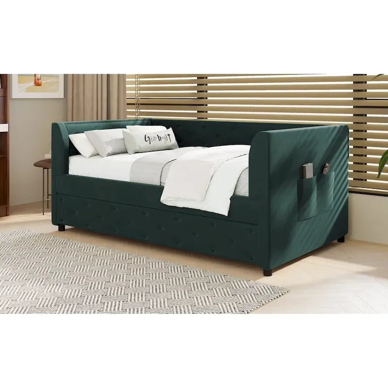 Lit de repos double en velours capitonné avec lit gigogne, rose / vert, pour 2 personnes