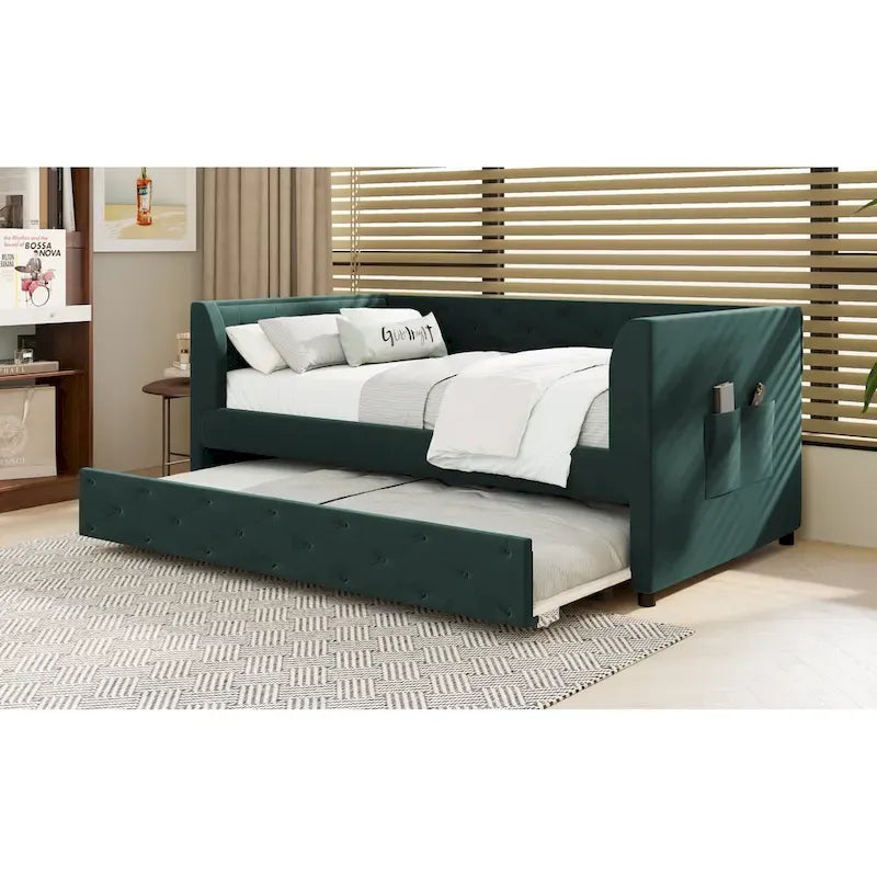 Lit de repos double en velours capitonné avec lit gigogne, rose / vert, pour 2 personnes