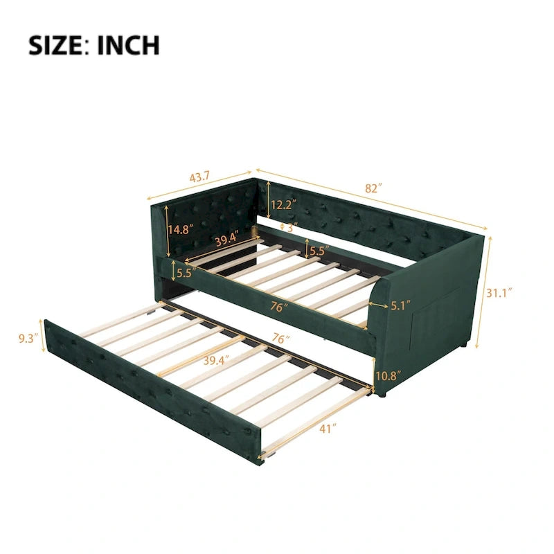 Lit de repos double en velours capitonné avec lit gigogne, rose / vert, pour 2 personnes