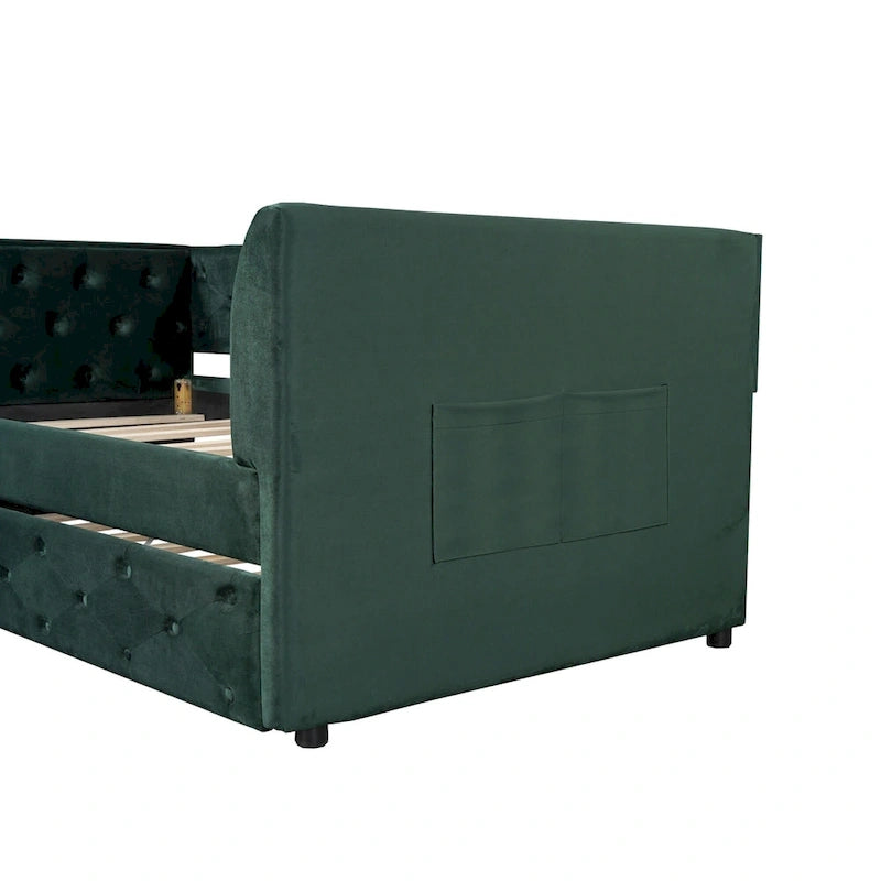 Lit de repos double en velours capitonné avec lit gigogne, rose / vert, pour 2 personnes