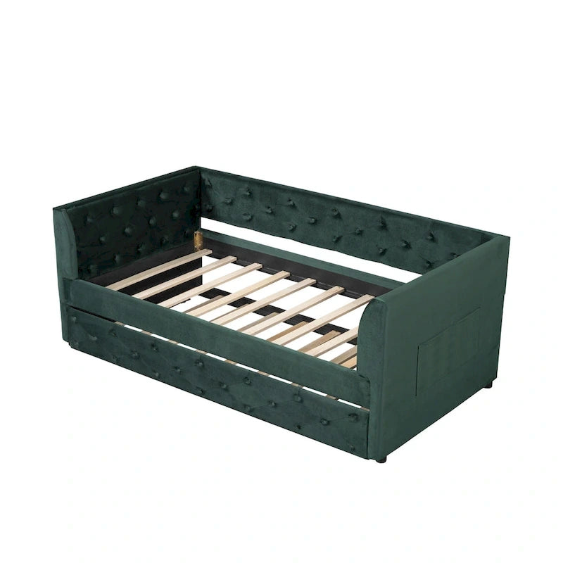 Lit de repos double en velours capitonné avec lit gigogne, rose / vert, pour 2 personnes