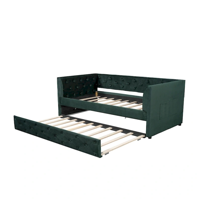 Lit de repos double en velours capitonné avec lit gigogne, rose / vert, pour 2 personnes