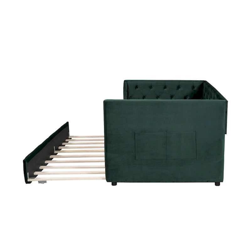 Lit de repos double en velours capitonné avec lit gigogne, rose / vert, pour 2 personnes