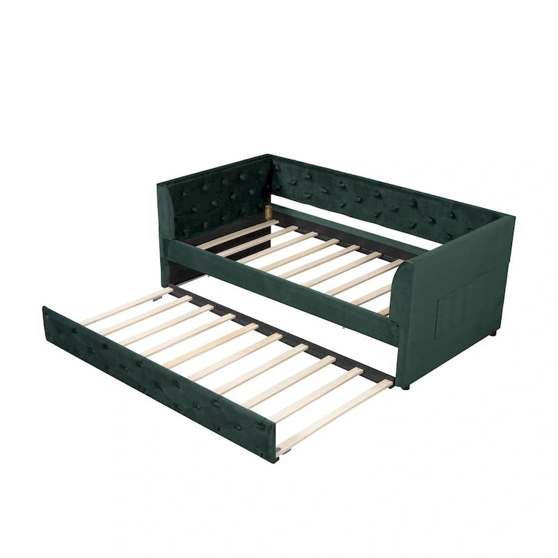 Lit de repos double en velours capitonné avec lit gigogne, rose / vert, pour 2 personnes