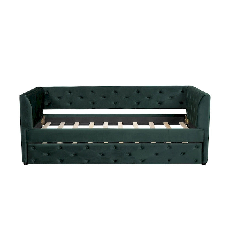 Lit de repos double en velours capitonné avec lit gigogne, rose / vert, pour 2 personnes