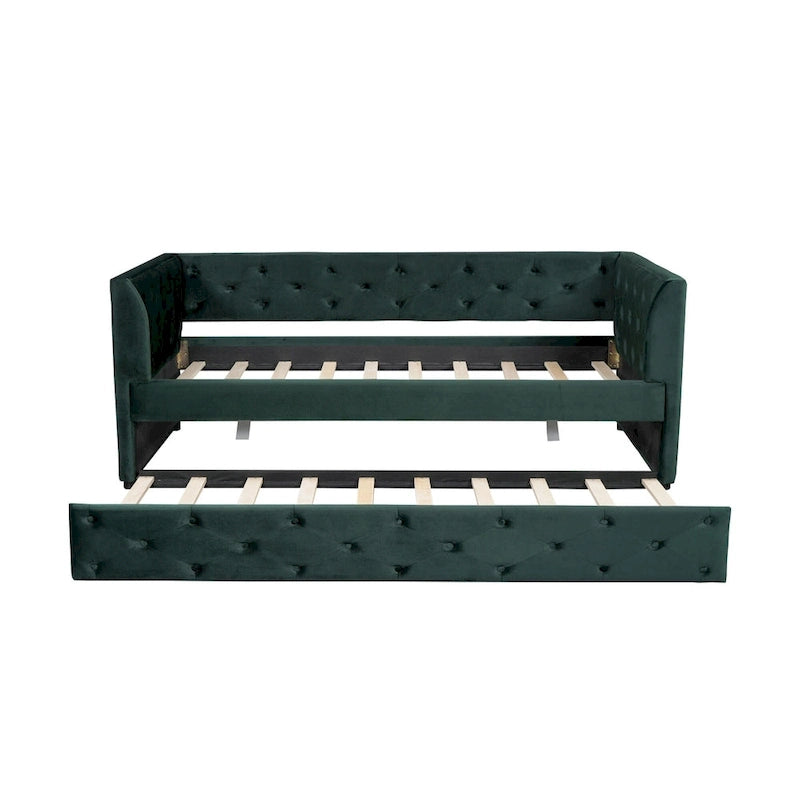 Lit de repos double en velours capitonné avec lit gigogne, rose / vert, pour 2 personnes