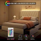 Lit plateforme d'appoint en velours avec 4 tiroirs de rangement et LED RVB, Double / Queen, Pour 2