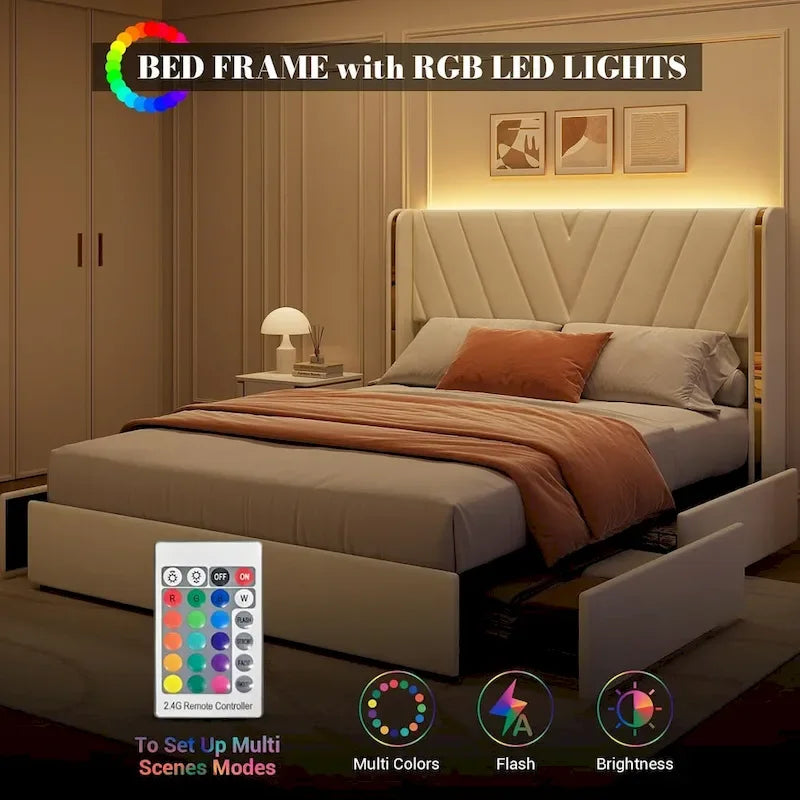 Lit plateforme d'appoint en velours avec 4 tiroirs de rangement et LED RVB, Double / Queen, Pour 2