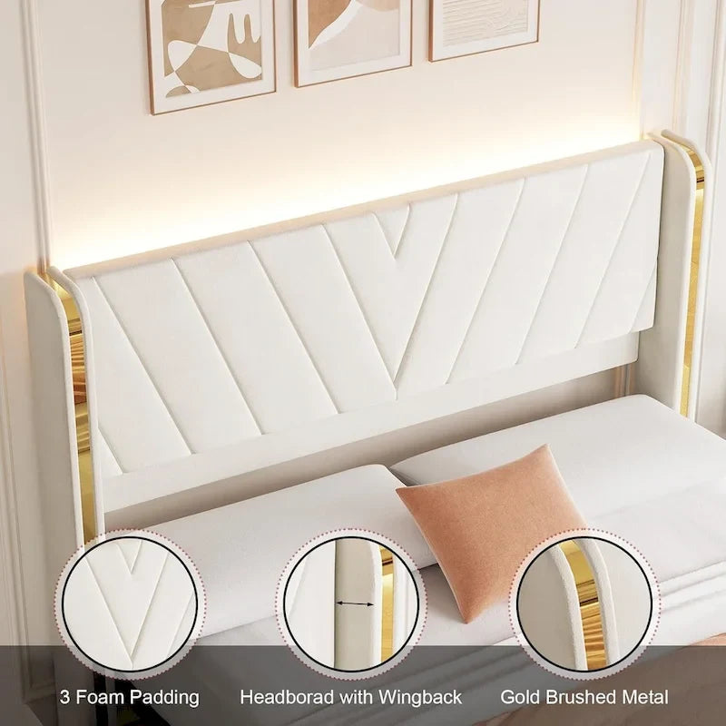 Lit plateforme d'appoint en velours avec 4 tiroirs de rangement et LED RVB, Double / Queen, Pour 2
