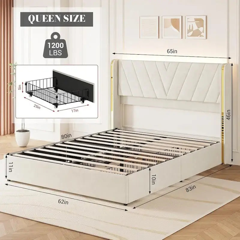 Lit plateforme d'appoint en velours avec 4 tiroirs de rangement et LED RVB, Double / Queen, Pour 2