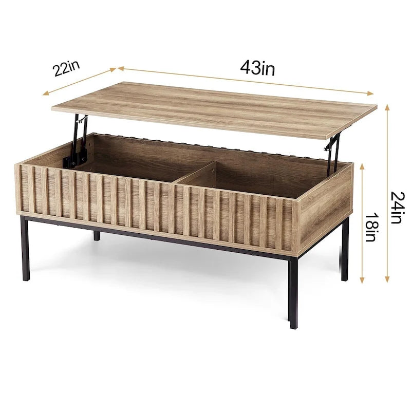 Table basse relevable, finition teck brun, avec compartiment de rangement dissimulé