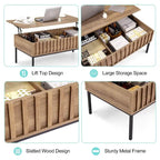 Table basse relevable, finition teck brun, avec compartiment de rangement dissimulé