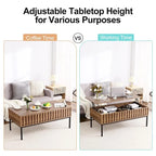 Table basse relevable, finition teck brun, avec compartiment de rangement dissimulé