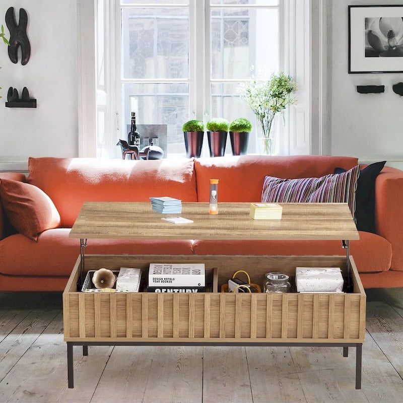 Table basse relevable, finition teck brun, avec compartiment de rangement dissimulé