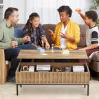 Table basse relevable, finition teck brun, avec compartiment de rangement dissimulé