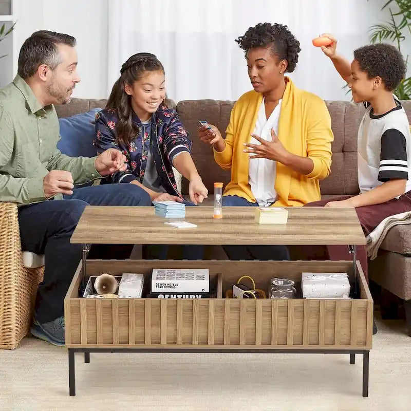 Table basse relevable, finition teck brun, avec compartiment de rangement dissimulé