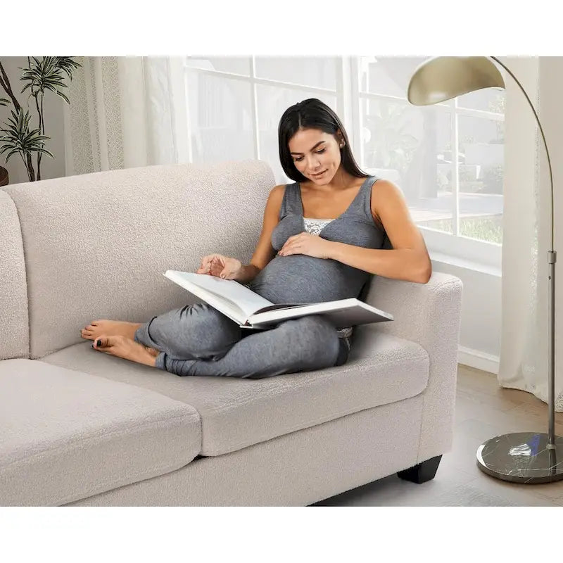 Canapé bouclé moderne, blanc, pieds en acacia, 2-3 places