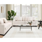 Canapé bouclé moderne, blanc, pieds en acacia, 2-3 places