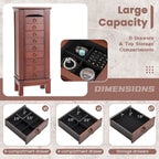 Armoire à bijoux sur pied avec miroir, marron, 9 tiroirs et 2 portes latérales, simple