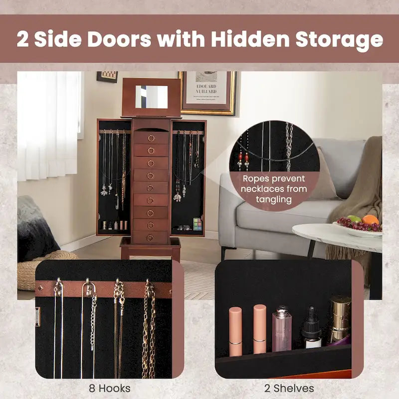 Armoire à bijoux sur pied avec miroir, marron, 9 tiroirs et 2 portes latérales, simple