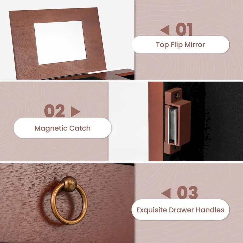 Armoire à bijoux sur pied avec miroir, marron, 9 tiroirs et 2 portes latérales, simple